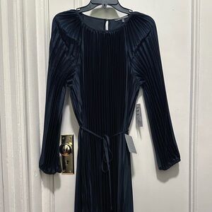 Julia Jordan Pleated Long Sleeve Satin Midi Dress, Navy